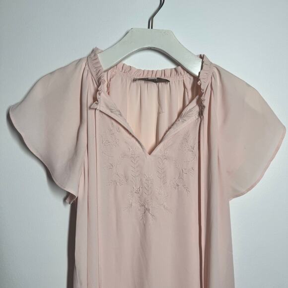 LOFT Top Women XS Pink Embroidered Tie Neck Blouse Cottage Minimal Modest Work - Picture 3 of 7